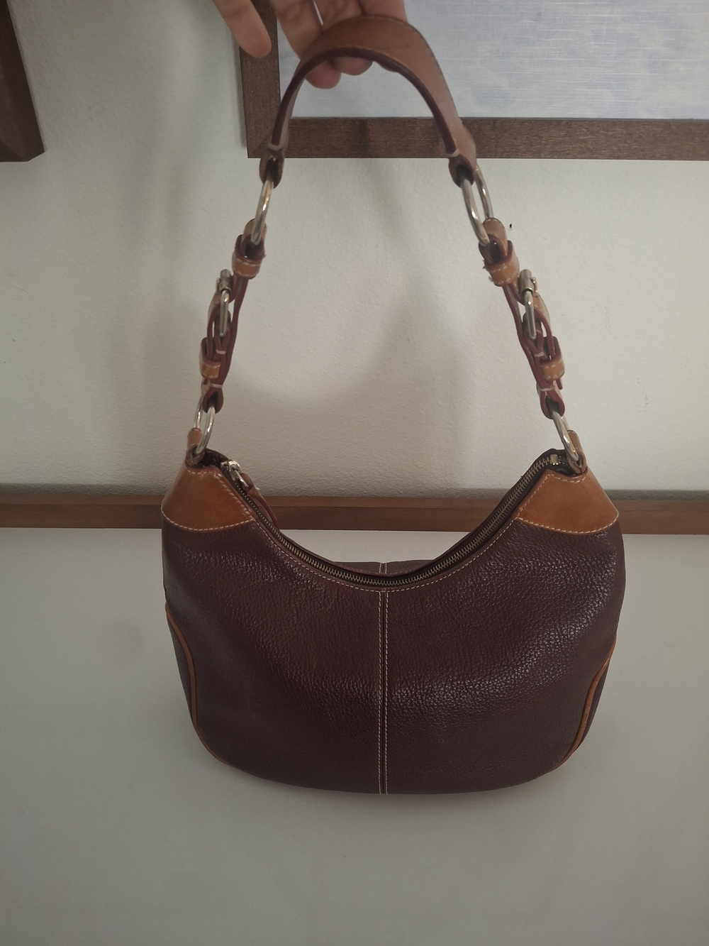 Dooney & Bourke Maroon and Tan Pebbled Leather Shoulder Bag